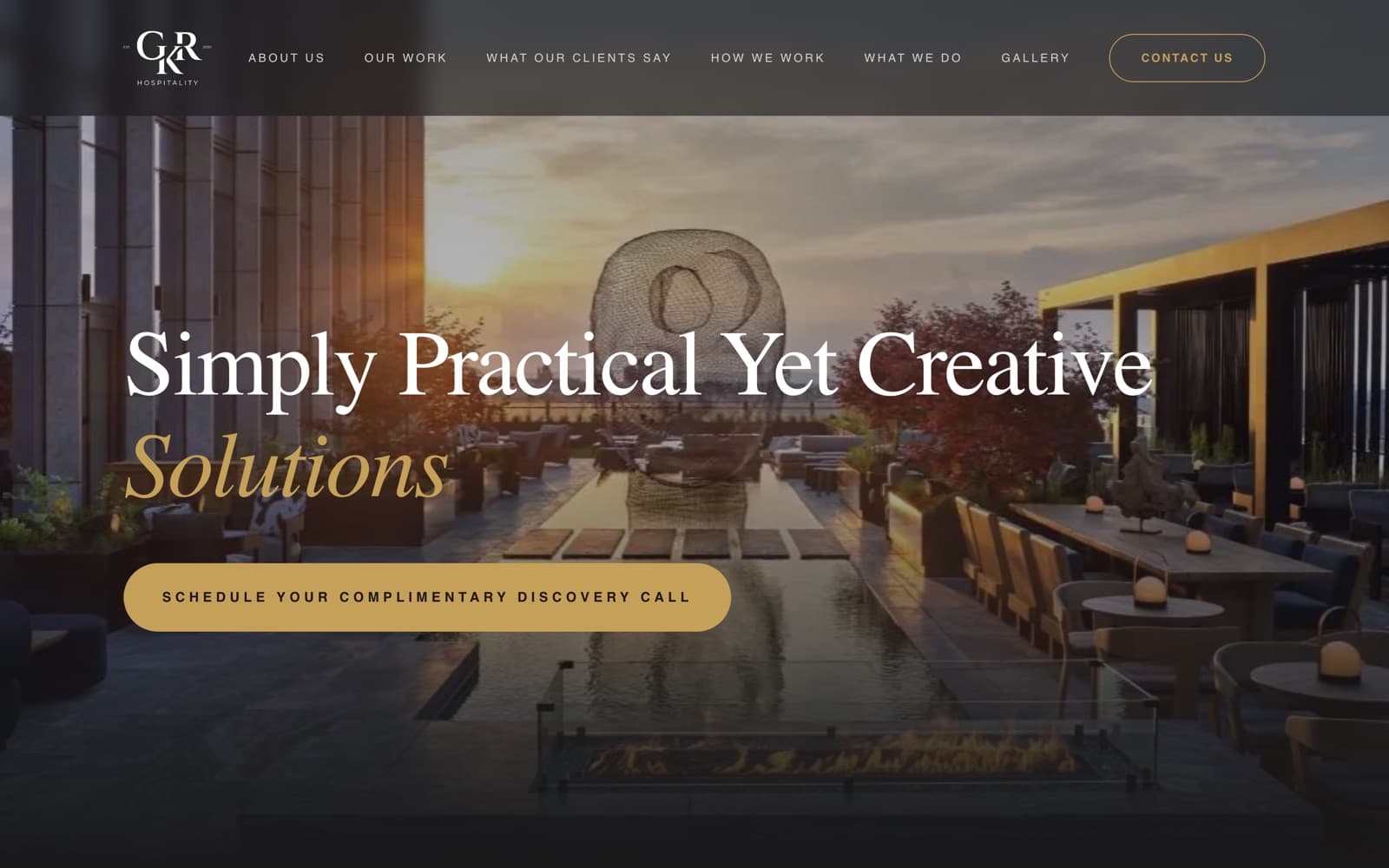 The GKR Hospitality home page: a dark website for a hospitality consultancy with a discovery call button.