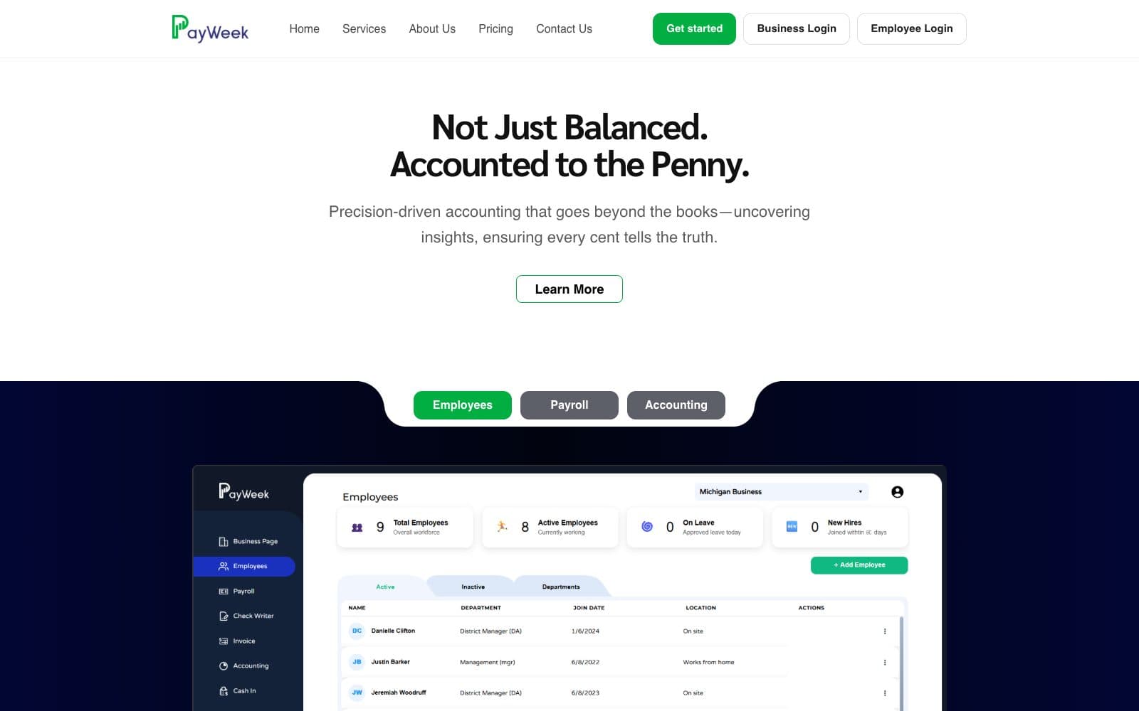 The PayWeek home page: a payroll and accounting product website with a free trial button.